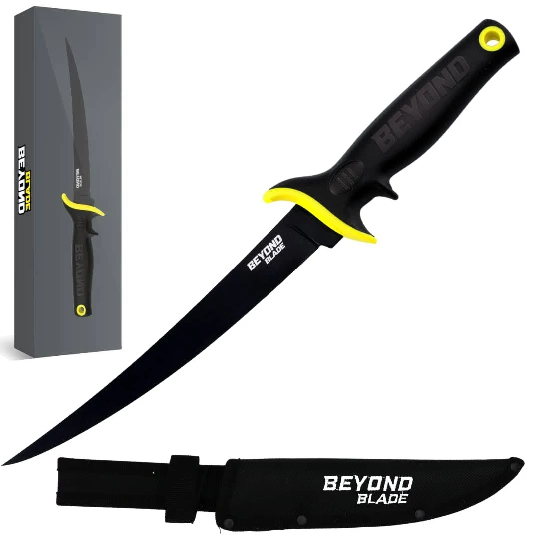 BEYOND BLADE Fillet Knife & Bait Knife, Razor Sharp Highest Grade Stainless Steel Blade 7"- 9" Inch, Nonslip Trigger Grip Handle & Thumb Notch, Professional Grade Knife For Filleting Boning + Sheath