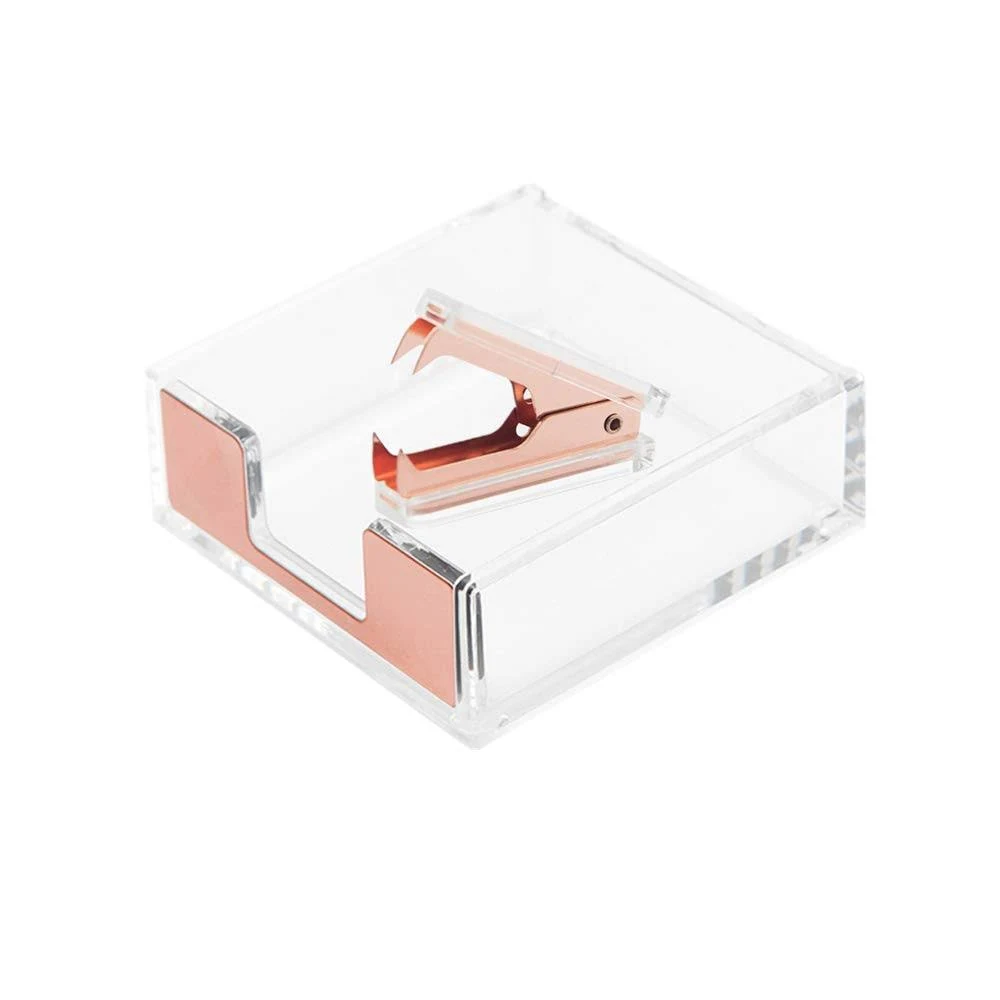 Clear Acrylic Rose Gold Self-Stick Note Cube Holders | Staple Removers Set Desktop Memo Pad Dispenser 3.5x3.3 Inch | Staples Removal Tool for Office School Supplies (Rose Gold)