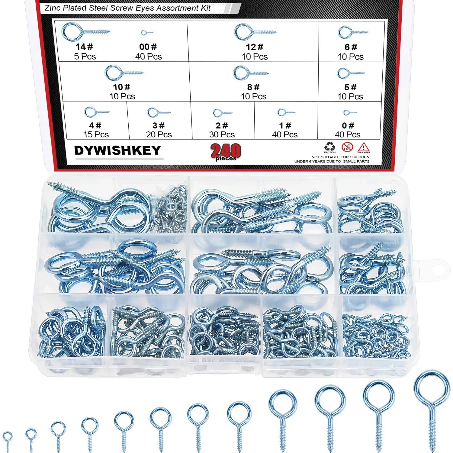 DYWISHKEY 240PCS 12 Sizes Blue Zinc Plated Steel Screw Eyes Assortment Kit