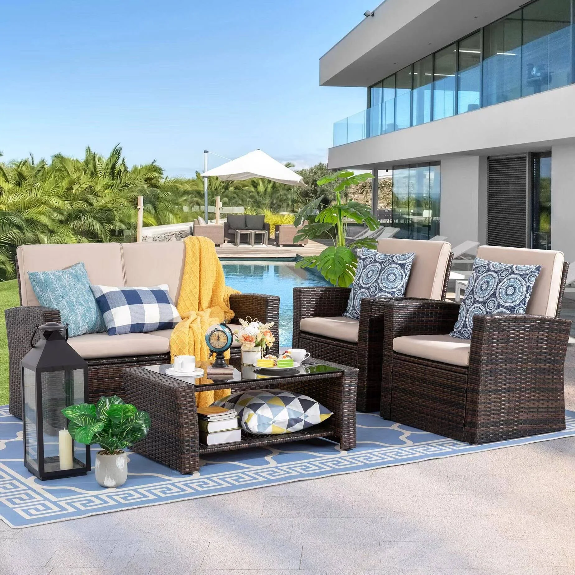 Futzca 4-Piece Outdoor Patio Furniture Set, Wicker Sectional Set