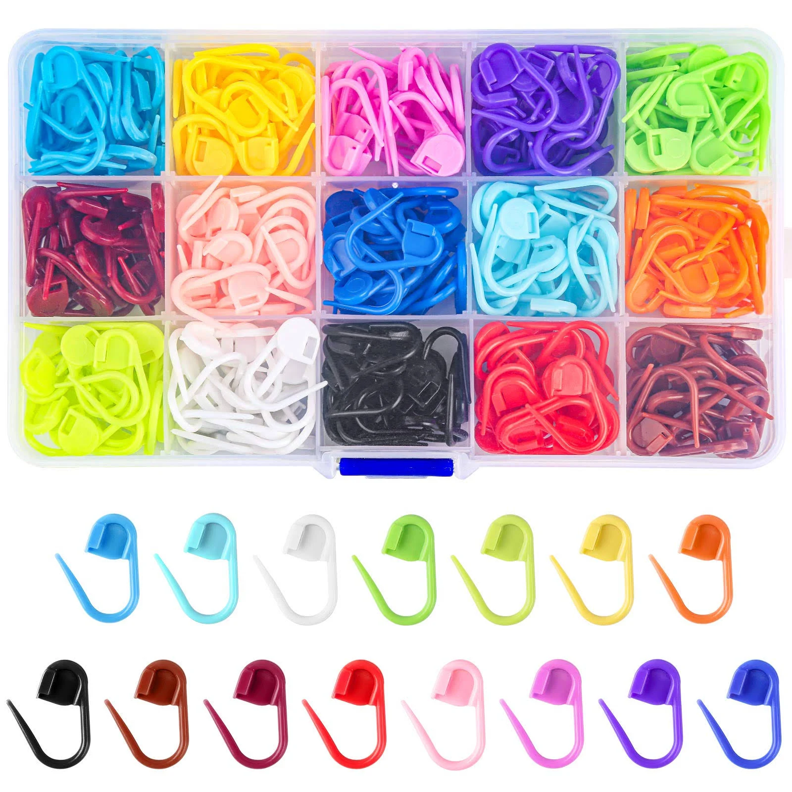 LUNARM 300 Pcs Stitch Markers, 15 Colors Crochet Stitch Needle Clip Knitting Plastic Locking Stitch Needle Clip Counter with Clear Storage Case for DIY Handicraft Place Buckle Marker