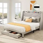 YITAHOME Storage Bed Frame, Queen Size Bed Frame with Type-C & USB Port and 2 Drawers, Upholstered Headboard Storage Shelf Platform Bed, No Box Spring Needed, Easy Assembly, Beige