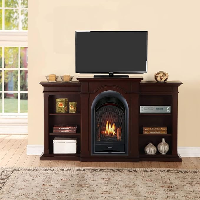 Procom Dual Fuel Ventless Gas Fireplace System - 15,000 BTU, T-Stat Control, Chocolate Finish with Shelves, PCS150T-CBS