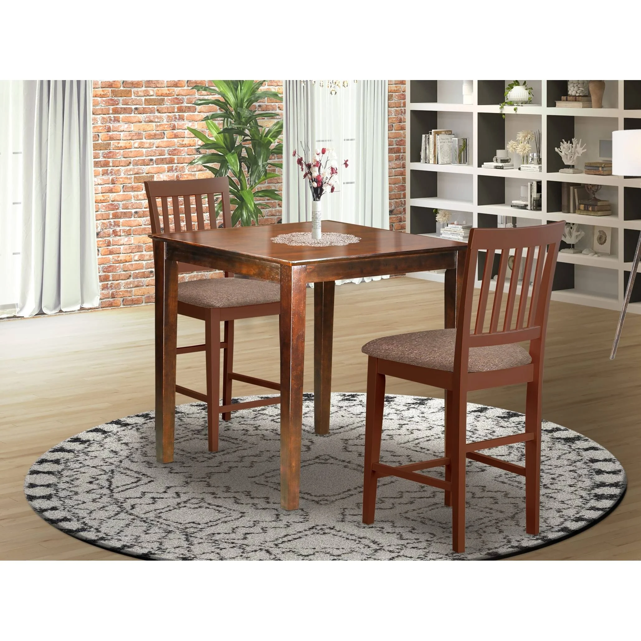 East West Furniture VERN3-MAH-C Vernon 3 Piece Counter Height Pub Set for Small Spaces Contains a Square Dining Room Table and 2 Linen Fabric Upholstered Chairs, 36x36 Inch