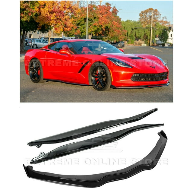 Replacement For 2014-2019 Corvette C7 ALL Models | Z06 Stage 2 Front Bumper Lip Splitter With CARBON FIBER Side End Caps & Side Skirts Rocker Panel Pair (ABS Plastic - Painted Carbon Flash Metallic)