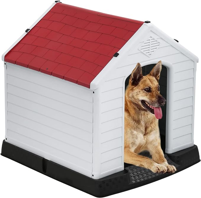 FDW Dog House Indoor Outdoor Durable Ventilate Waterproof Pet Plastic Dog House for Small Medium Large Dogs Insulated Puppy Shelter Kennel Crate with Air Vents and Elevated Floor