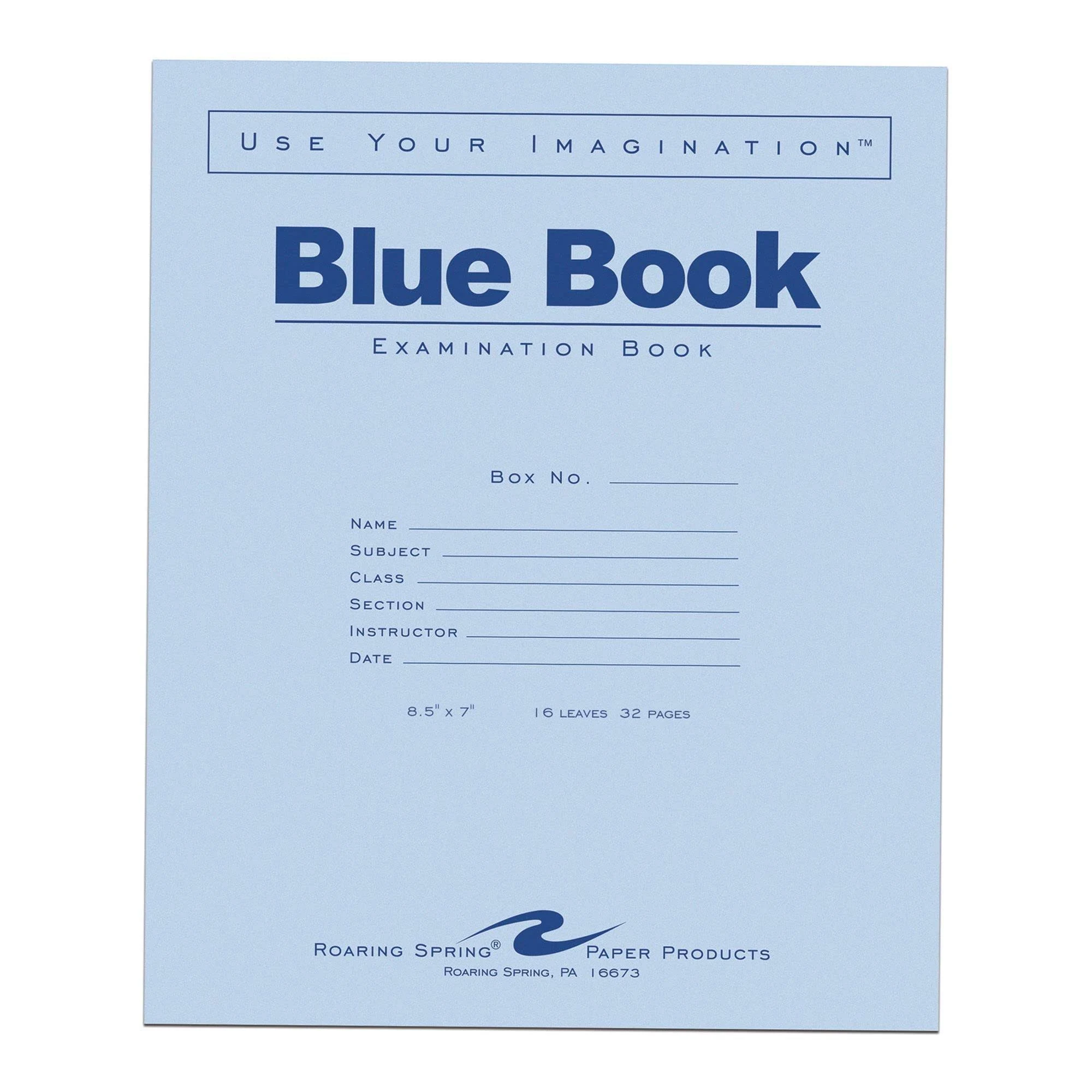 ROARING SPRING Exam Blue Books, 50 Pack, 8.5" x 7", 16 Sheets/32 Pages, Wide Ruled with Margin, Proudly Made in the USA