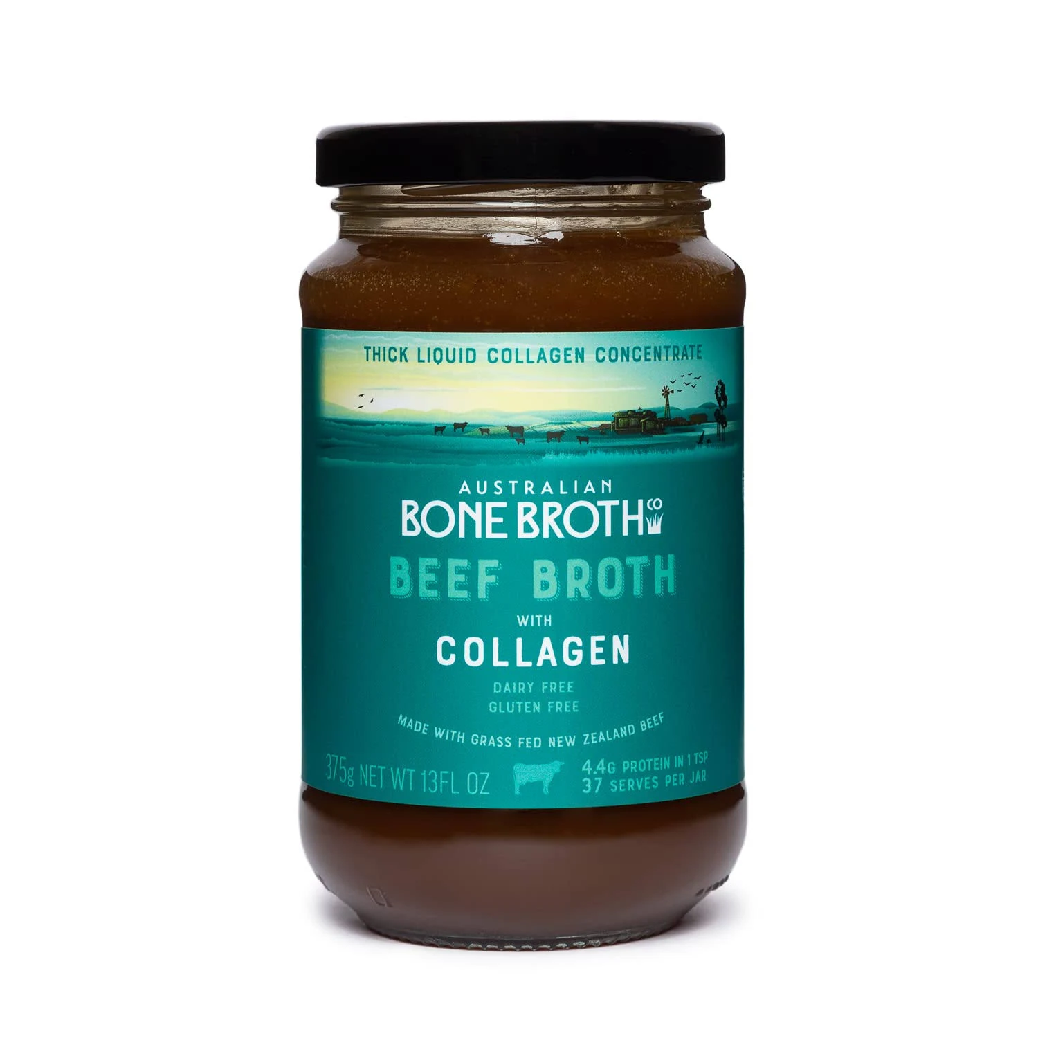 Beef Broth with Collagen Concentrate - Instant bone broth beverage boosted with grass-fed collagen. Halal Broth. Gluten Free, Preservative Free No spices or herbs. Halal Certified 375 gram Jar