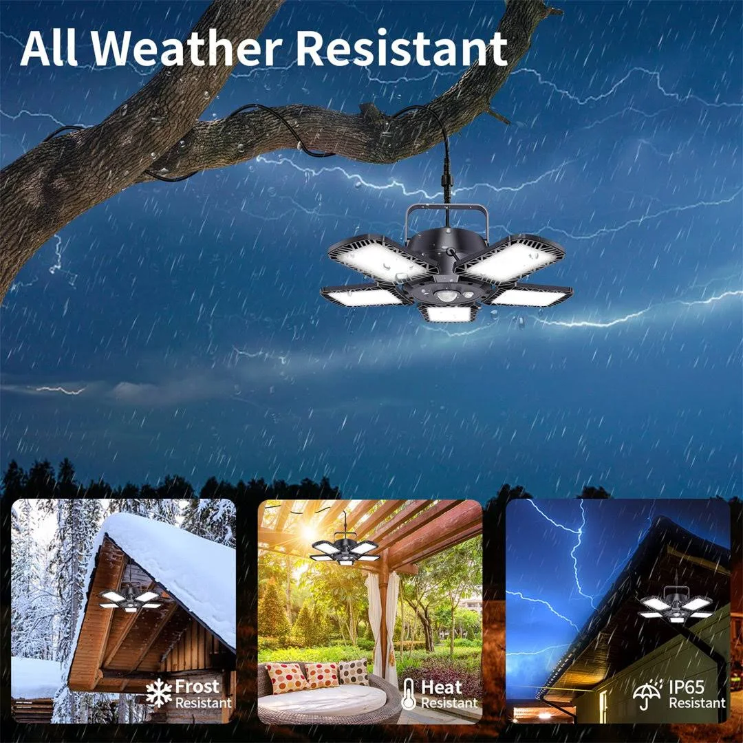 Solar Powered Shed Light Outdoor Indoor Solar Pendant Lights with Remote Control, Timer, Adjustable Panels & Motion Sensor, Waterproof for Garage Shop Barn Home House, Daytime Available