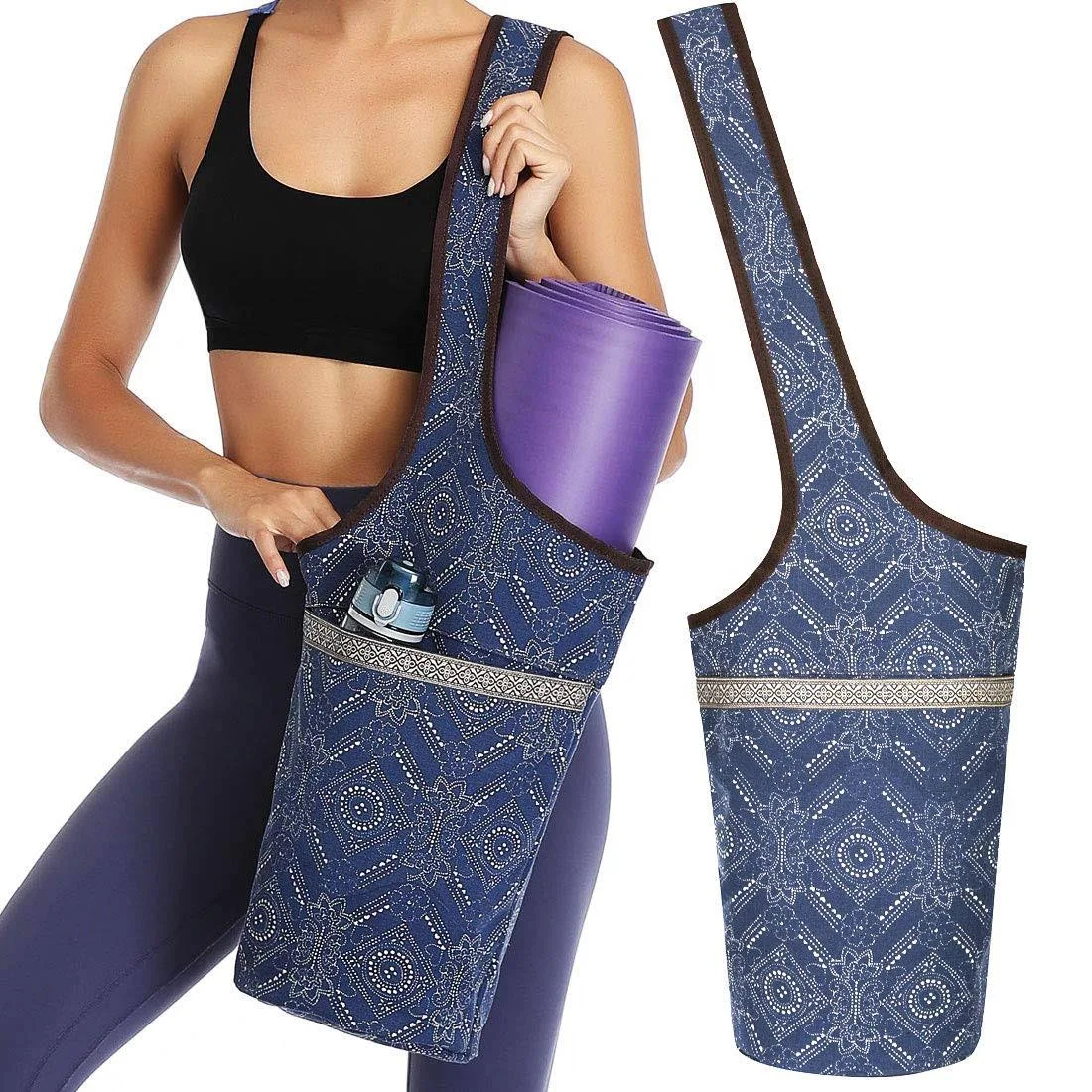 Soogus Yoga Bags, Yoga Mat Carrier with Zipper Pocket Canvas Yoga Bag Blue Extra ...