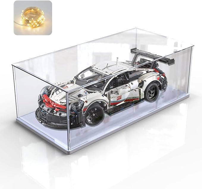 Thickened Clear Acrylic Display Case for Lego 77015 42156 76328 42125 10274 Transparent Box Large Self-Assembly Organizer Protection with Wood-Plastic Base & String Light, Black Inside 21.7x9.8x9.8in