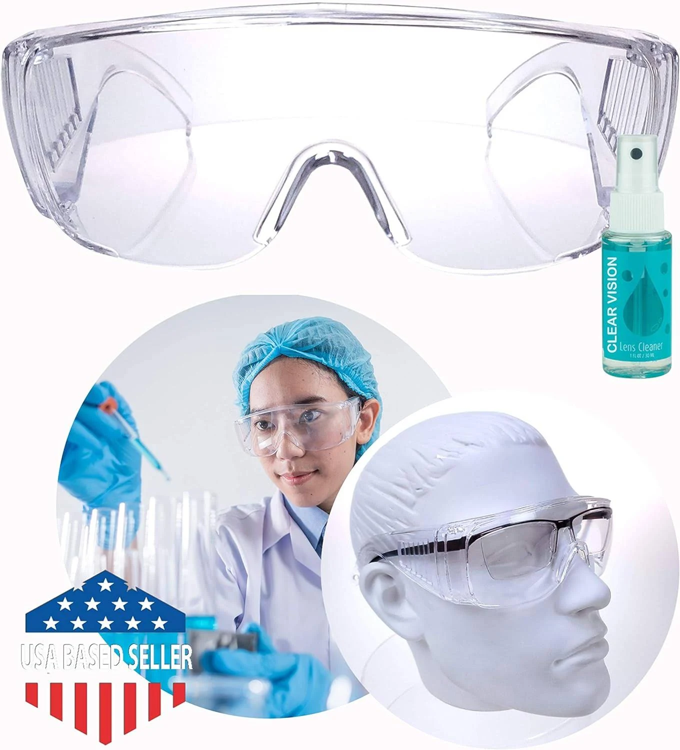 2 Safety Protective Lab Glasses for Eye Protection Chemistry Laboratory Goggles Cover Over Splash Resistant, 1 Lens Cleaner Bottle Included…