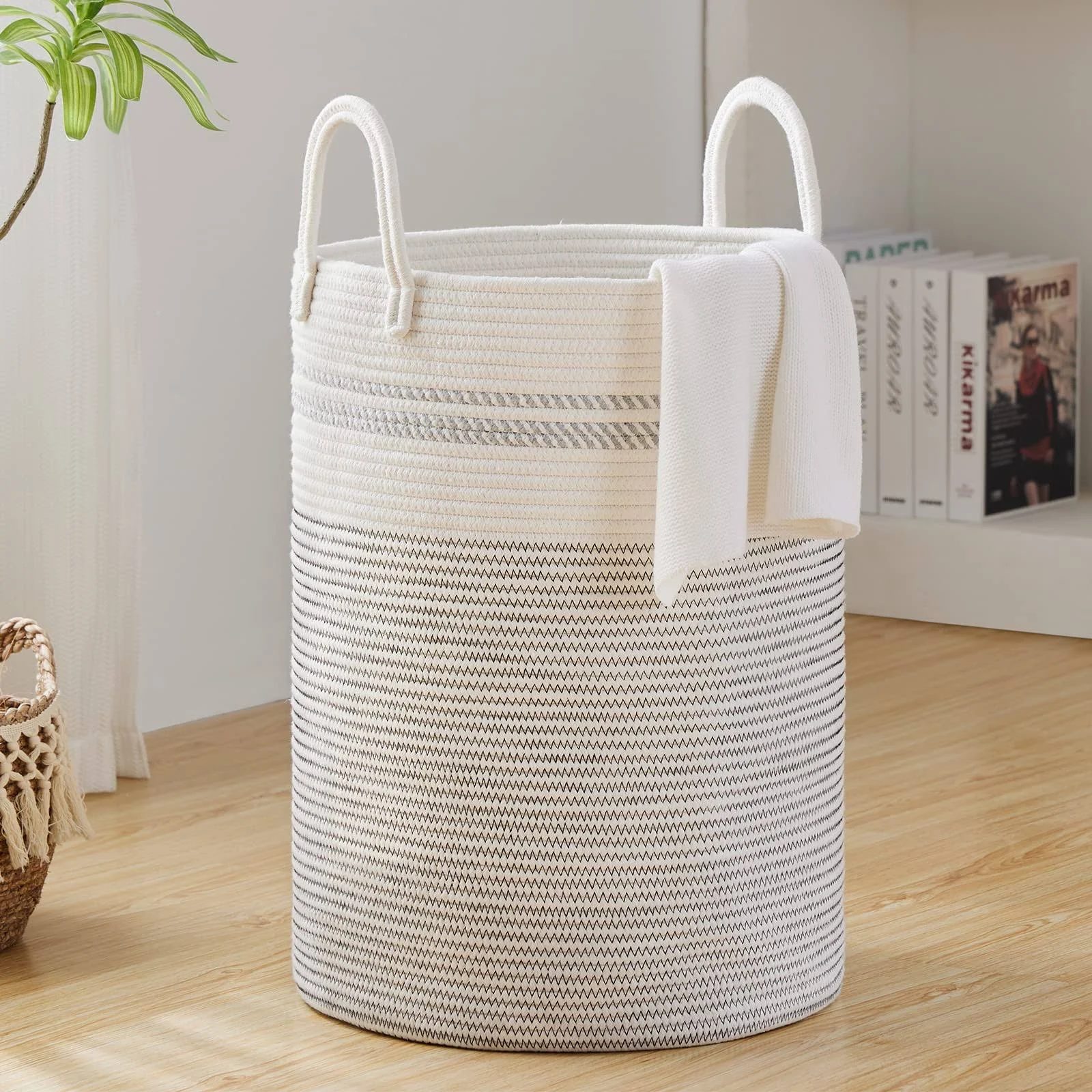 Fiona's magic 72L Large Woven Rope Laundry Hamper, Tall Laundry Basket Storage, Baby Nursery Hamper for Blankets, Toys and Clothes Hamper for Bedroom and Living Room Organizing, Jute, White