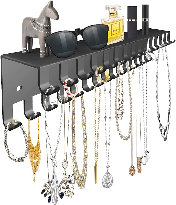 Necklaces and Bracelets Holders Wall Mounted Black Metal Jewelry Display Hanging Shelf with 30 Hooks Necklace Hanger Wall Shelf with Jewelry Hooks Rack Accessories Organizer for Women Girl Kids