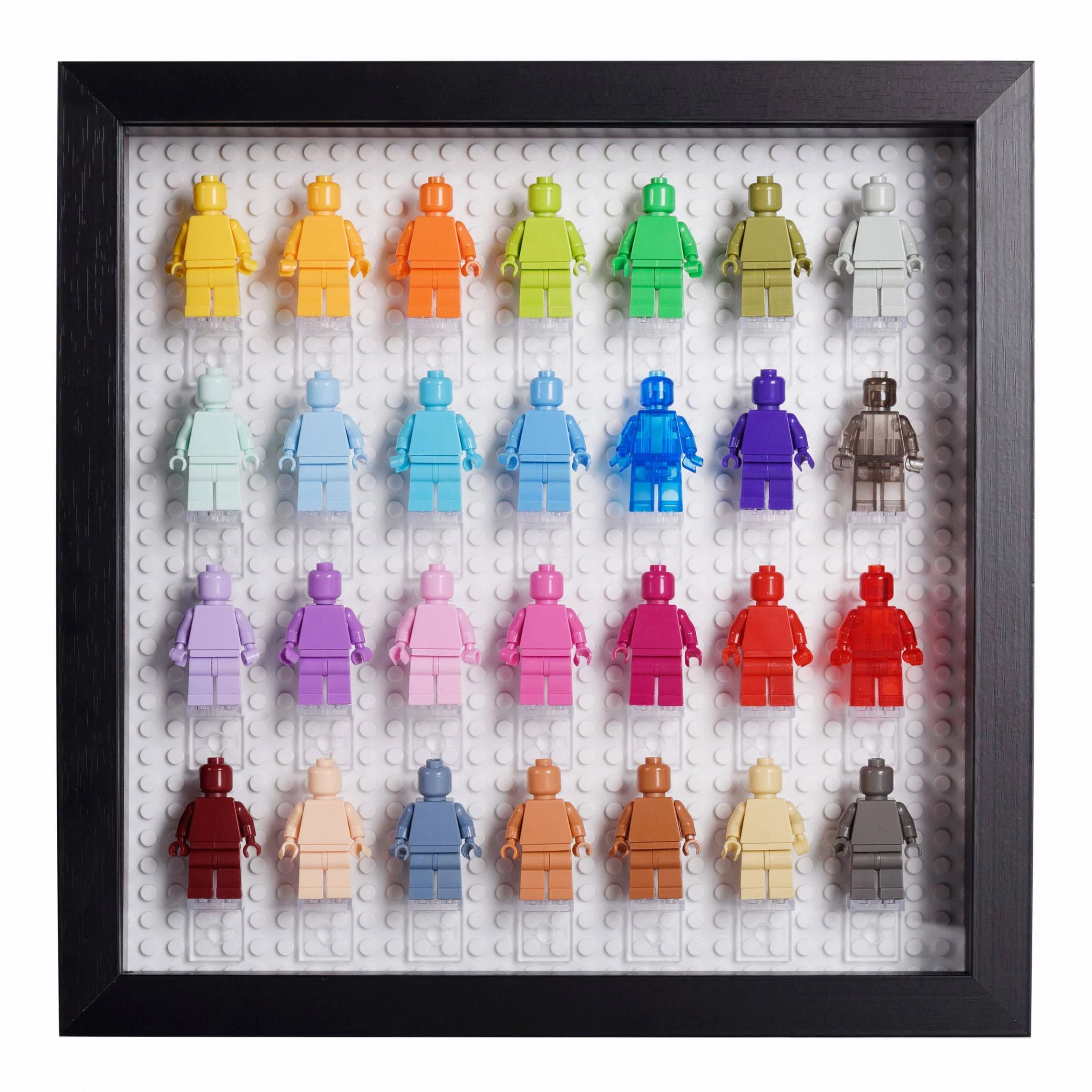 Black Wooden Minifigure Display Case - Memorabilia Display Case for Figures - 11 x 11 Inches Shadow Box Frame - for Wall and Table Top - with Dust Protection - Holds Up to 28 Figurines