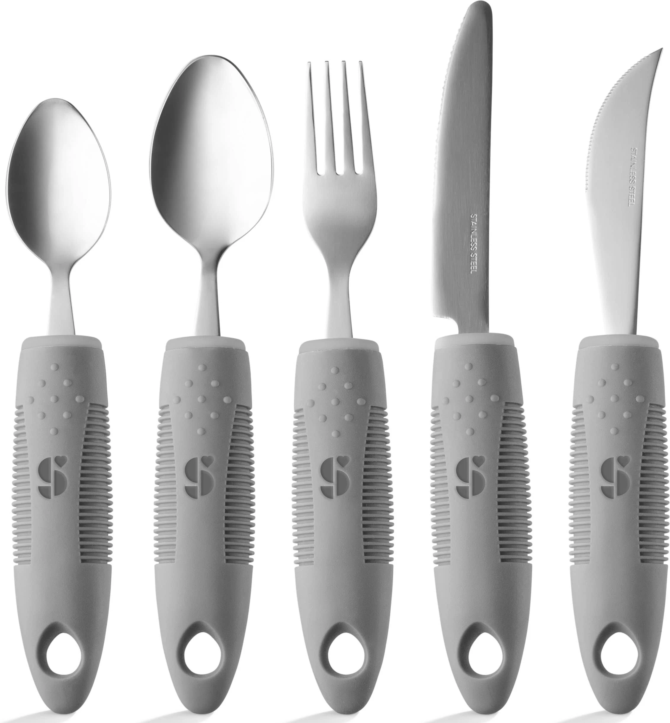 Special Supplies Adaptive Utensils (5-Piece Kitchen Set) Wide, Non-Weighted, Non-Slip Handles for Hand Tremors, Arthritis, Parkinson’s or Elderly Use (Grey)