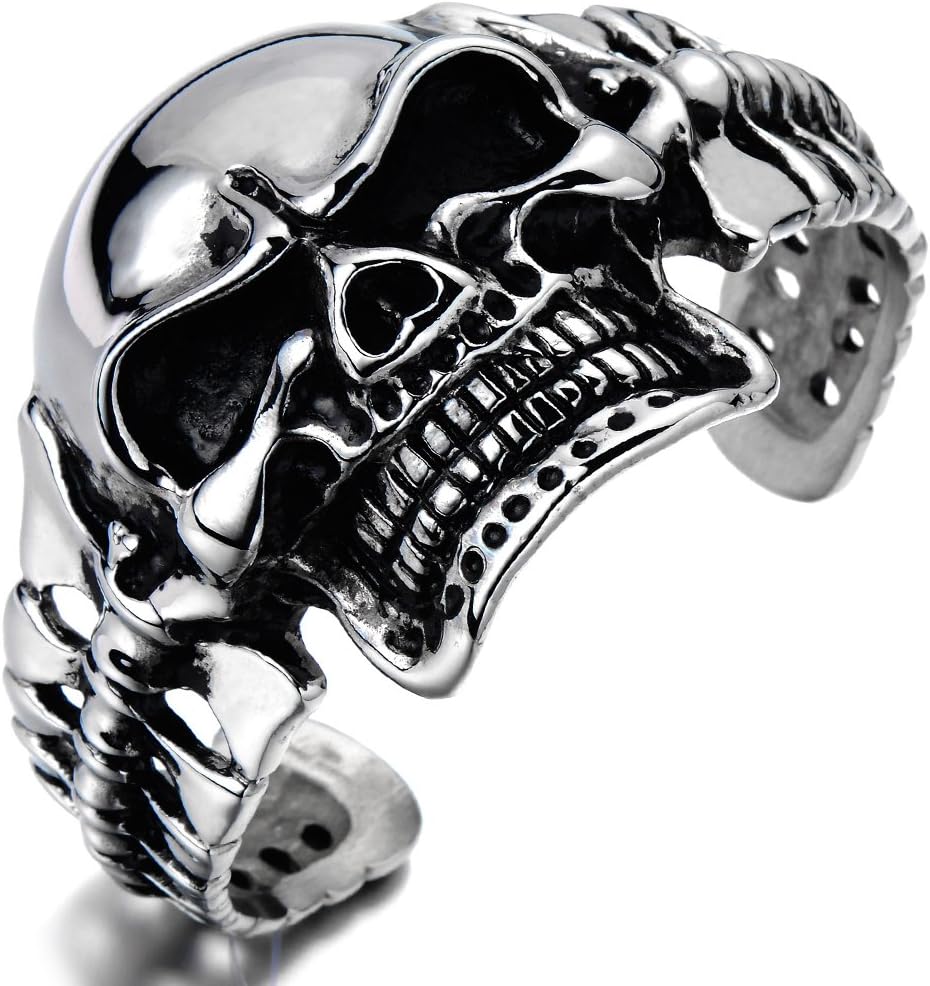 Heavy and Study Mens Stainless Steel Biker Skull Cuff Bangle Bracelet Silver ...