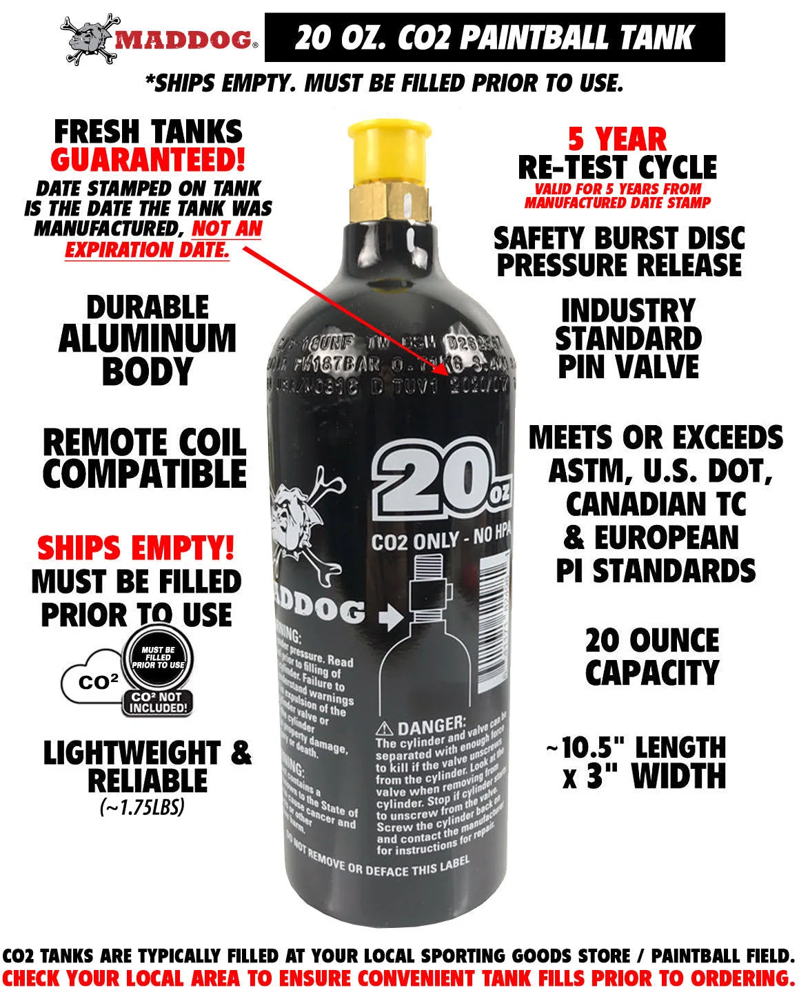 Maddog 20 Oz Refillable Aluminum CO2 Paintball Tank