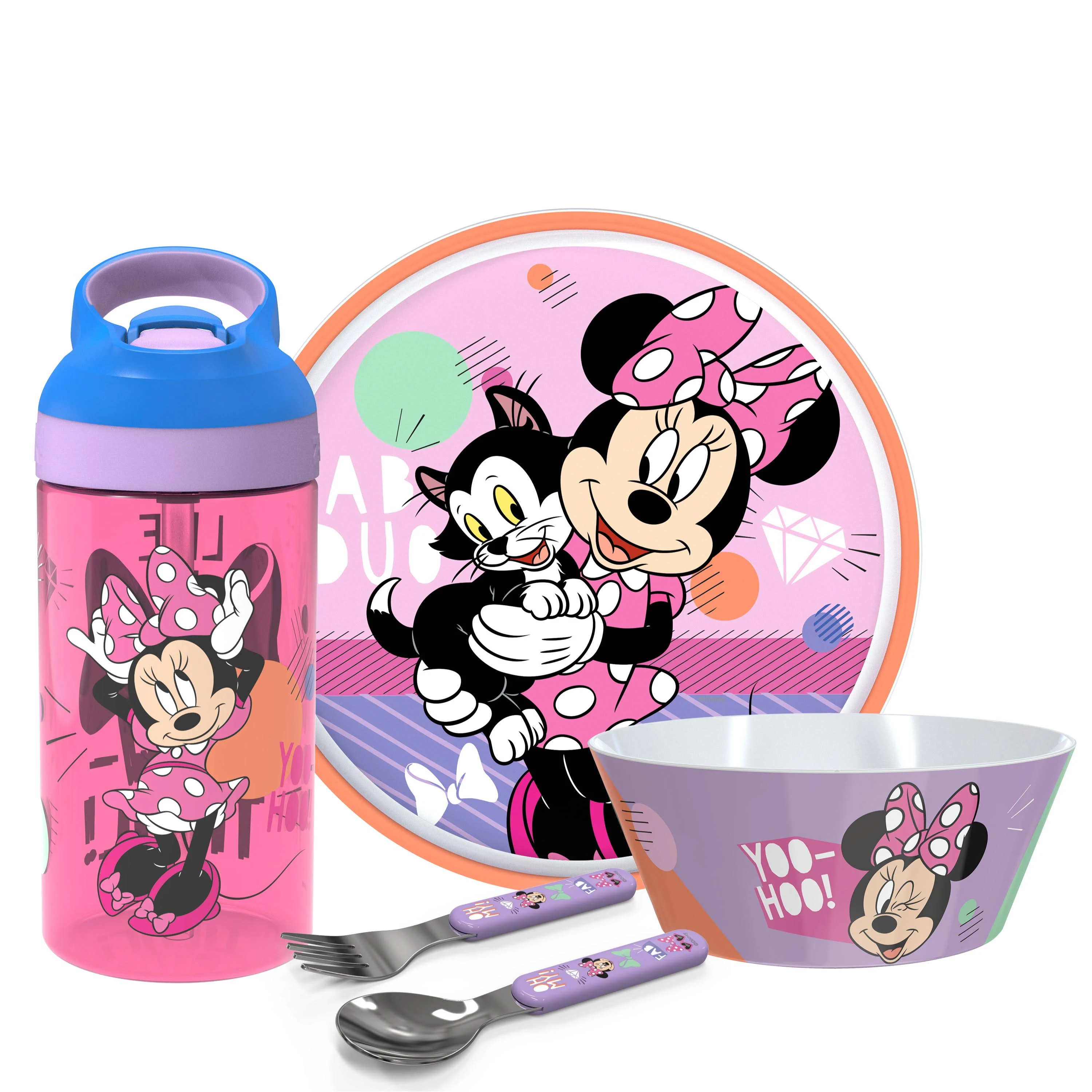 zak! Disney Minnie Mouse - 5-Piece Dinnerware Set - Durable Plastic & Stainless Steel - Includes Water Bottle, 8-Inch Plate, 6-Inch Bowl, Fork & Spoon - Suitable for Kids Ages 3+