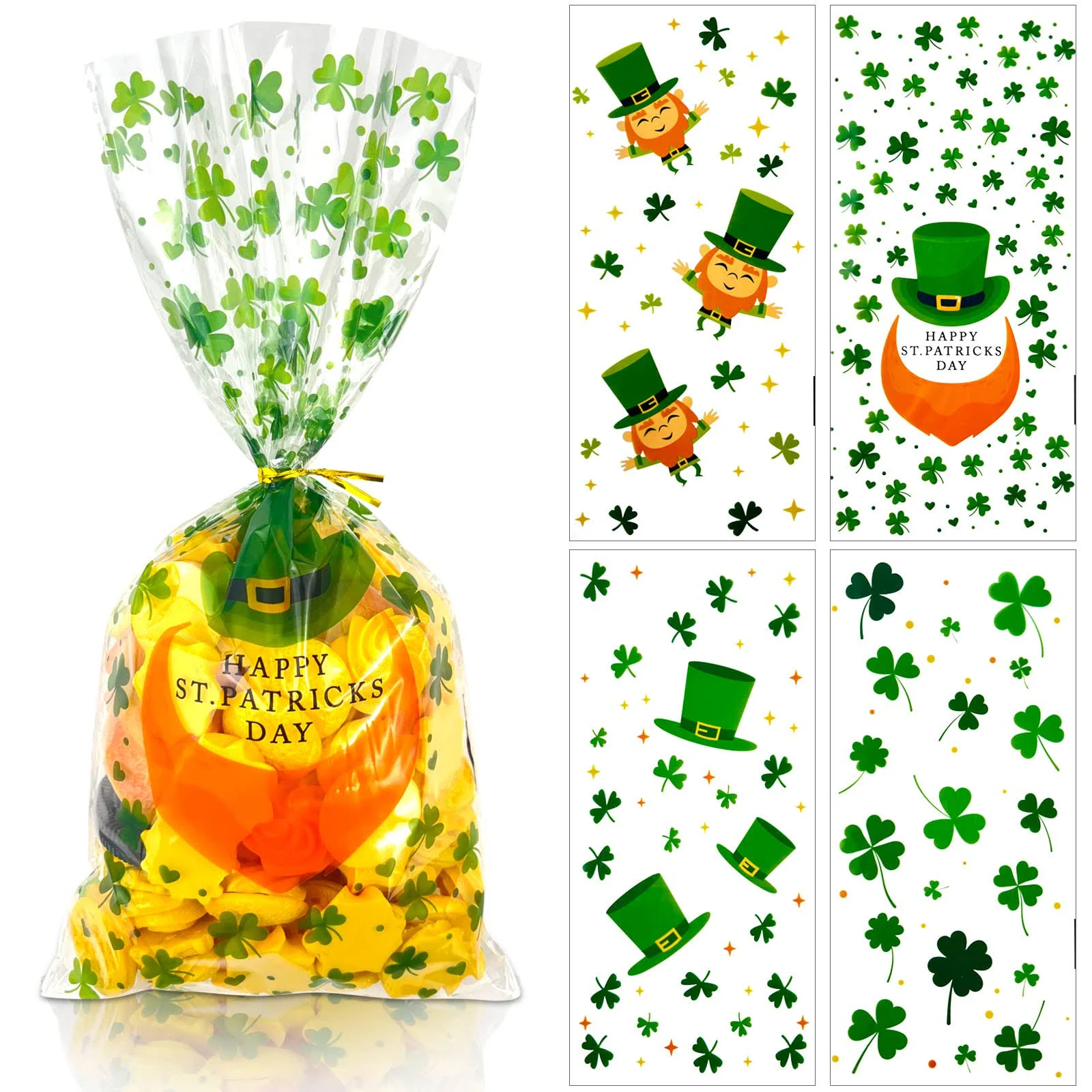 100 Pcs St. Patrick&#039;s Cellophane Candy Bags with 100 Twist Ties for Kids St. 