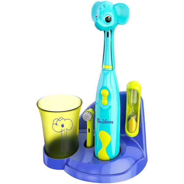 Brusheez® Kids’ Electric Toothbrush Set - Safe & Effective for Ages 3+ Parent Tested Approved with Gentle Bristles, 2 Brush Heads, Rinse Cup, 2-Minute Timer, Storage Base (Ollie The Elephant)