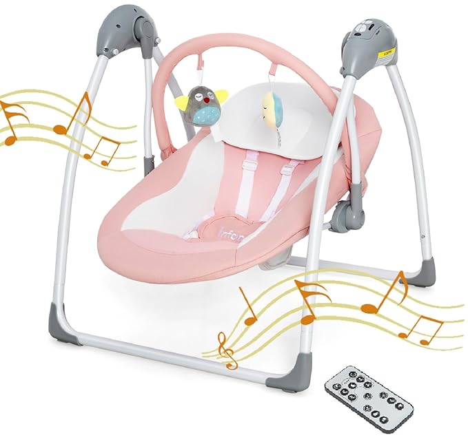 INFANS 2 in 1 Baby Swing and Bouncer for Infants, Portable Newborn Rocker with 5 Speed Sway Music Timing 3 Toys Remote Control, Easy Fold, Compact Electric Baby Swing for 0-6 Months Boy Girl (Pink)