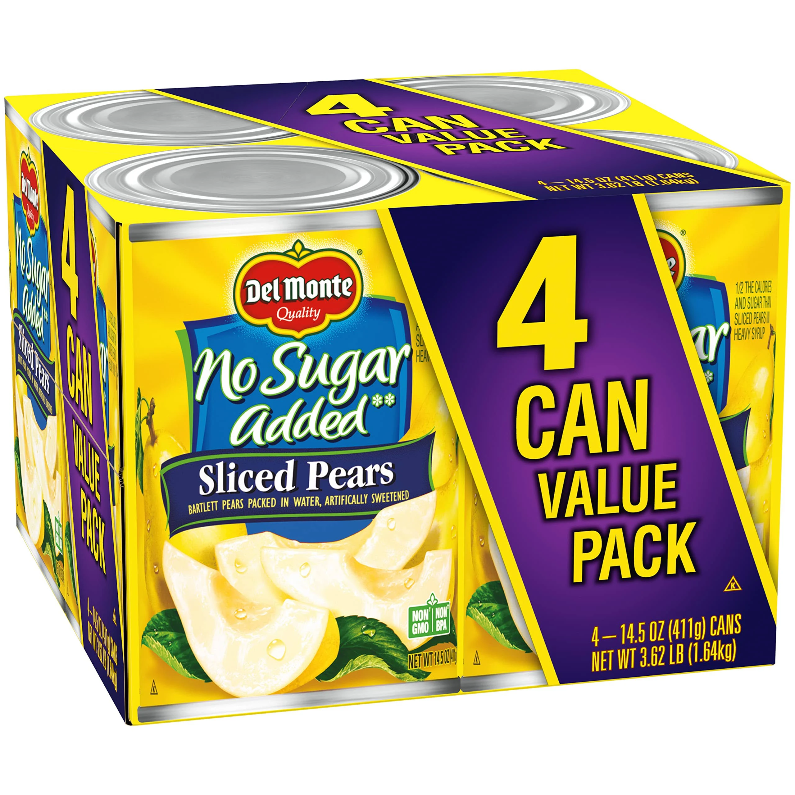 DEL MONTE No Sugar Added Sliced Bartlett Pears, Canned Fruit, 12 Pack, 14.5 oz Can