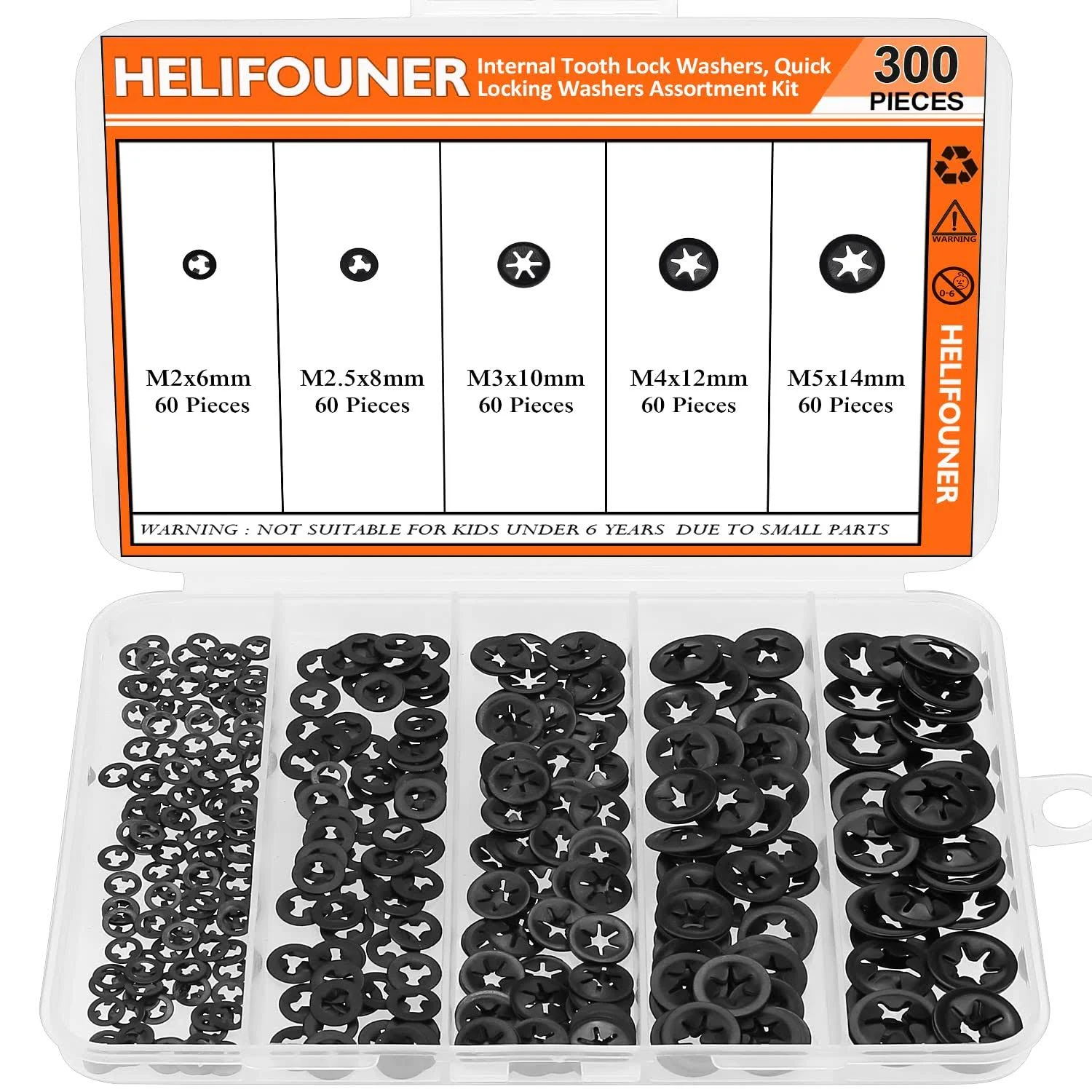 300 Pieces 5 Sizes Internal Tooth Star Lock Washers, Quick Speed Locking Washers, Push Nuts, Speed Clips Retaining Clips Fasteners Assortment Kit