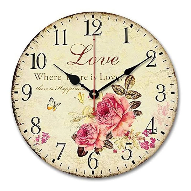 Usmile 12 inch Wall Clock Silent Non Ticking Vintage Large Decorative Wooden Retro Wall Clocks for Living Room Kitchen Kids Room (Sweet Rose Sing for Love Style)