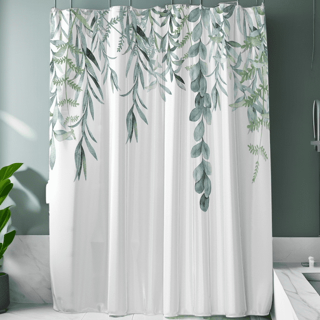 Willow Green Shower Curtain Greenery Eucalyptus Shower Curtain Floral Plant Shower Curtain Green Leaves Bathroom Decor with 12 Hooks 72 x 72 Inches