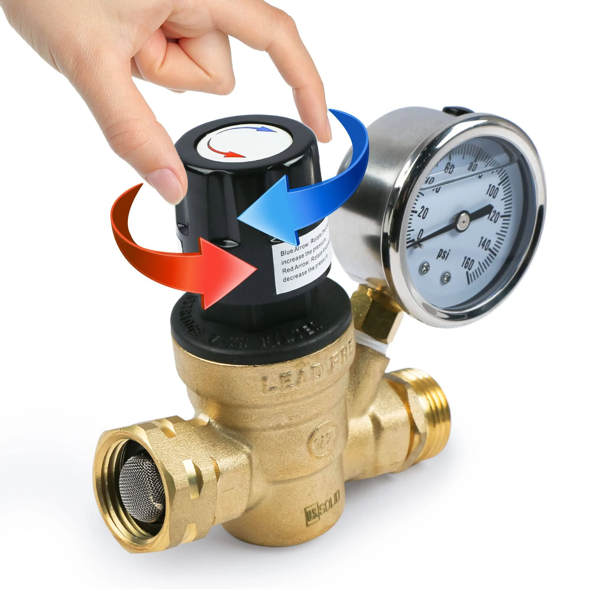 U.S. Solid Water Regulator Valve- 3/4" NH Thread NO Lead Brass Hand Adjustable RV Pressure Regulator with Pressure Gauge