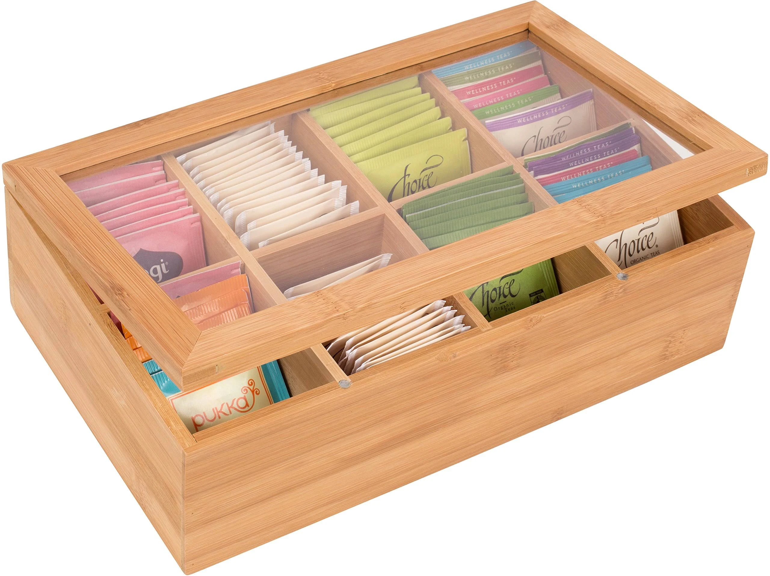 Trademark Innovations 12" Bamboo 8-Section Tea Storage Box with Hinged Clear Lid