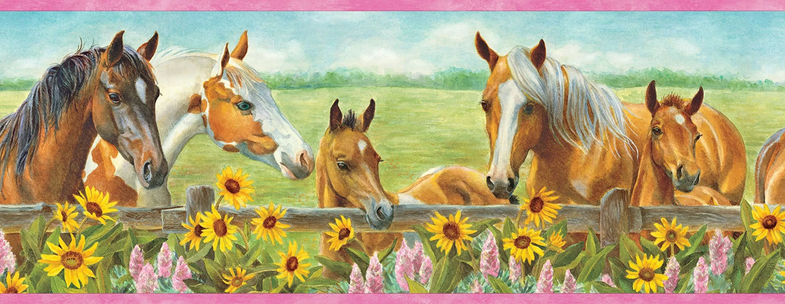 Chesapeake BBC92073B Harmony Horses Sunflowers Portrait Wallpaper Border, Green