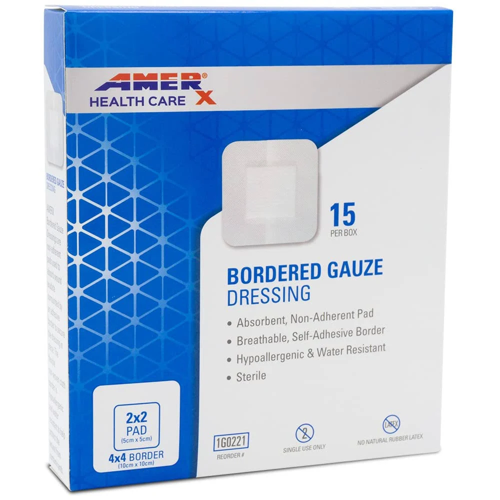 AMERX Bordered Gauze (4x4) – 15 Self-Adhesive Bandages/Box | Water Resistant | Hypoallergenic