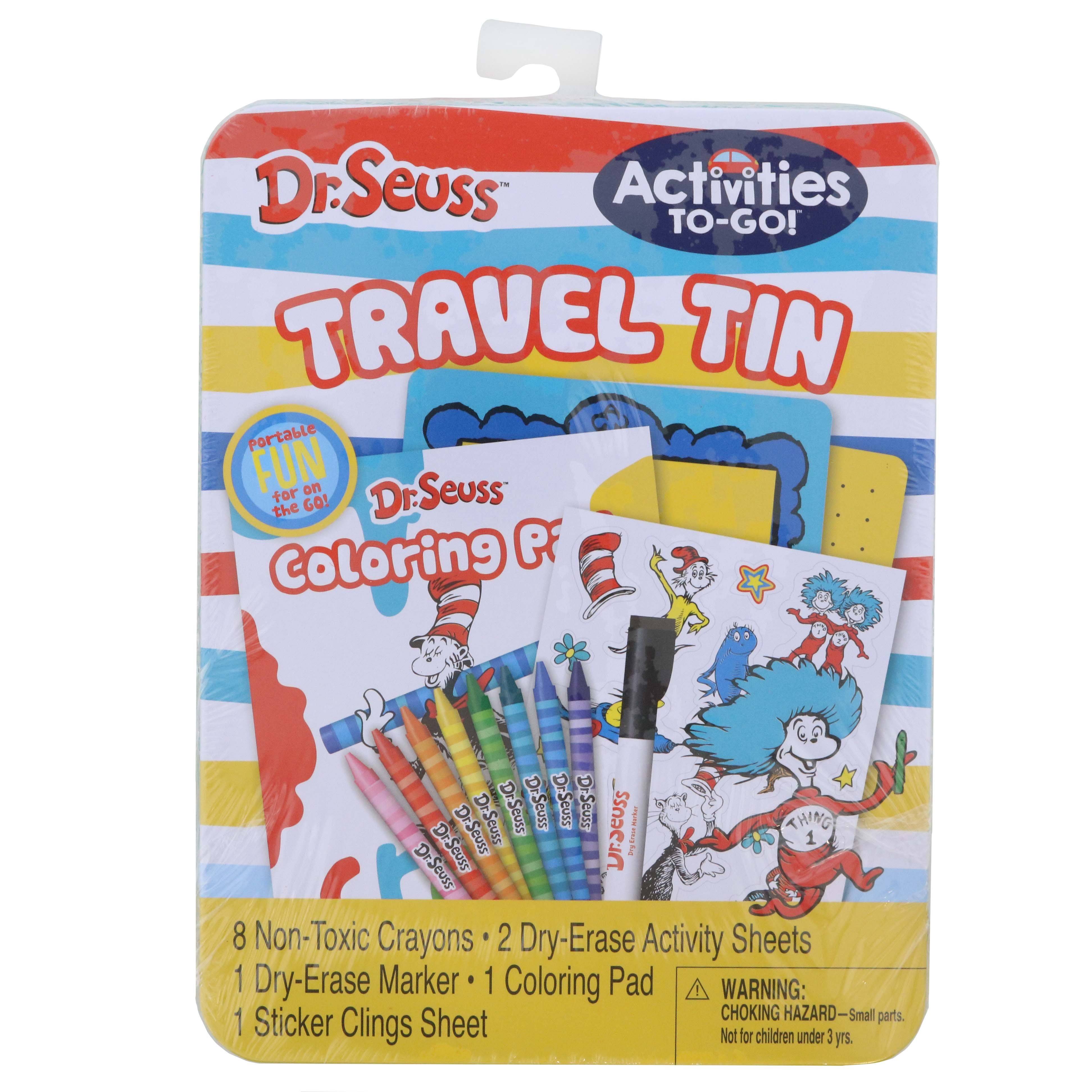 Dr. Seuss | Activities To-Go Travel Tin | Art Set | Includes 8 Crayons, 2 Dry Erase Activities with 1 Dry Erase Marker, 1 Coloring Pad, and 1 Sheet of Repositionable Sticker Clings