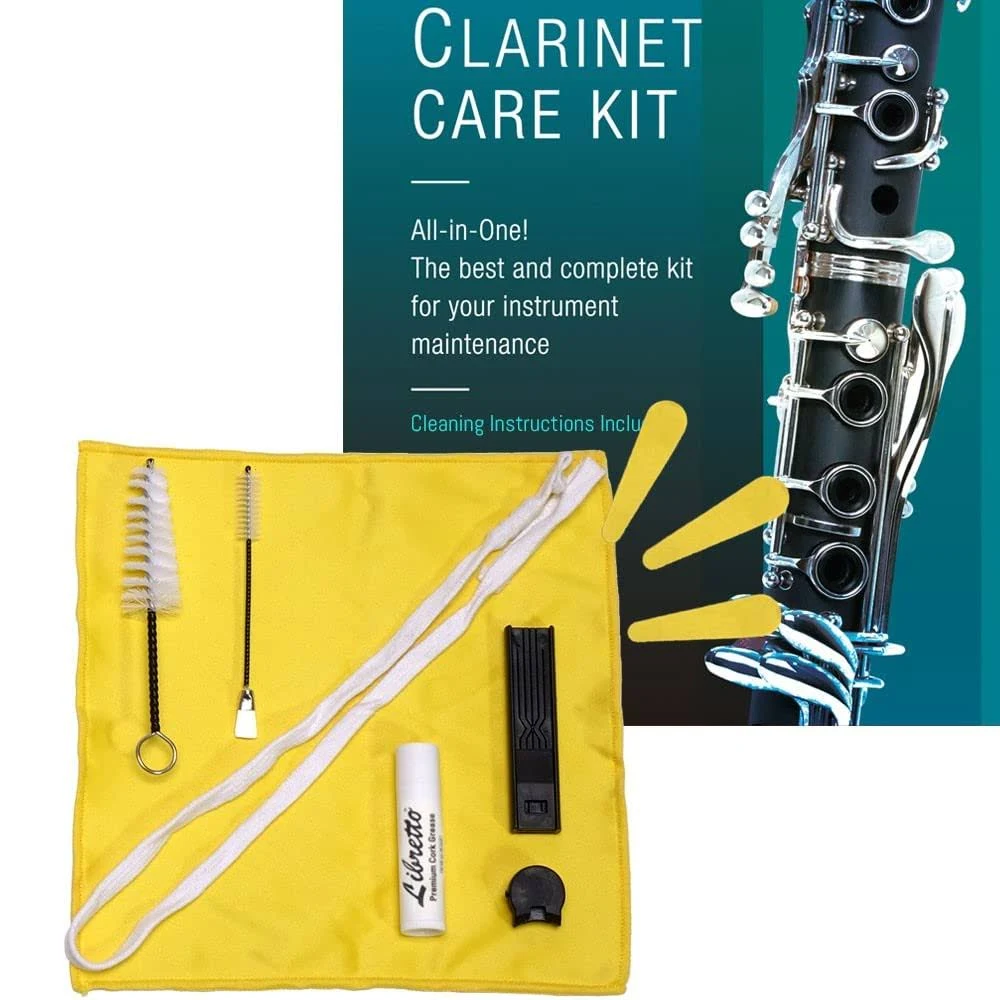 Libretto Clarinet All-inclusive Care Kit: Mouthpiece Brush + Dust Brush + Microfiber Cleaning Cloth + Thumb Rest + Premium Cork Grease, Microfiber