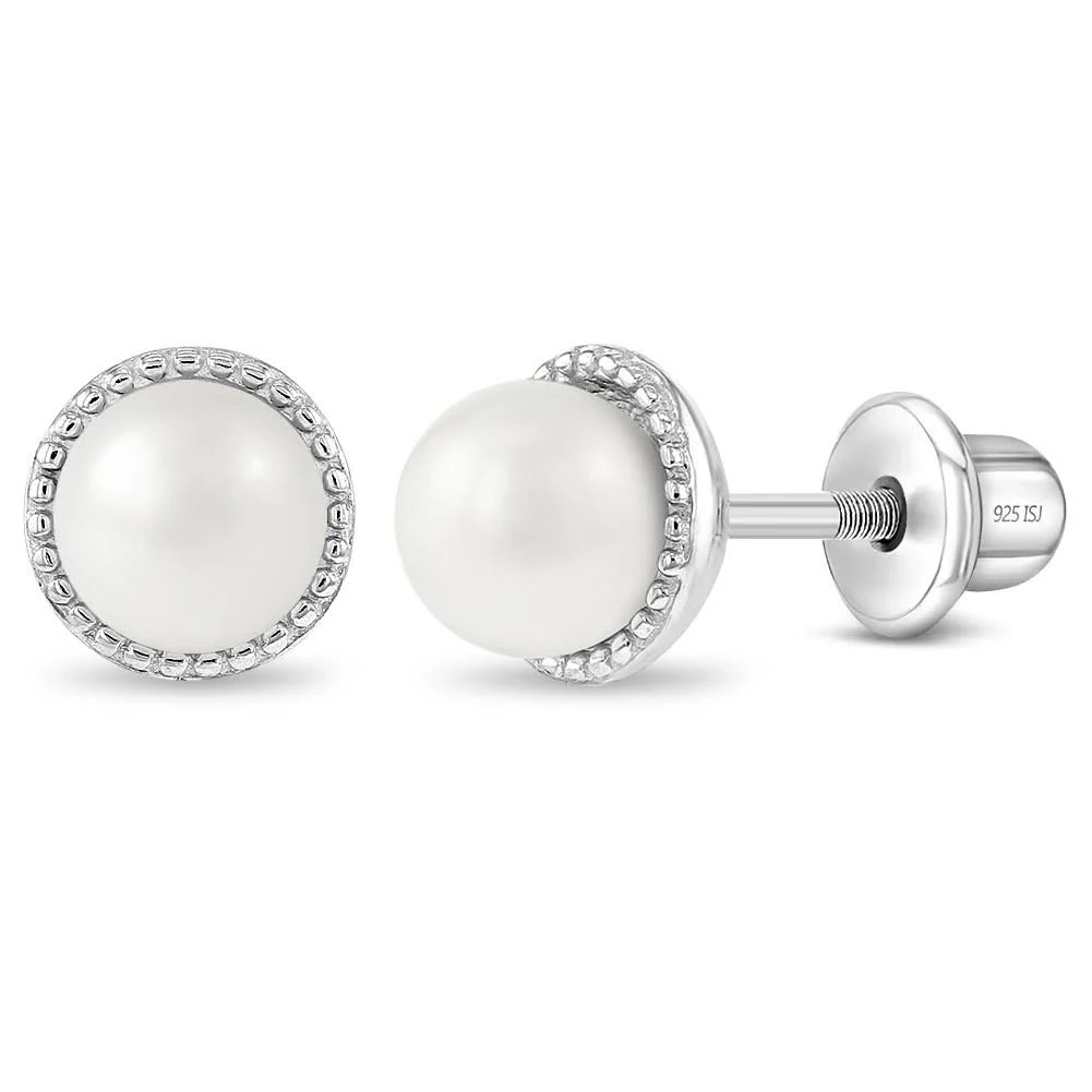 925 Sterling Silver White Simulated Pearl Screw Back Earrings Girls Teens, Girl's, Size: 0 inch