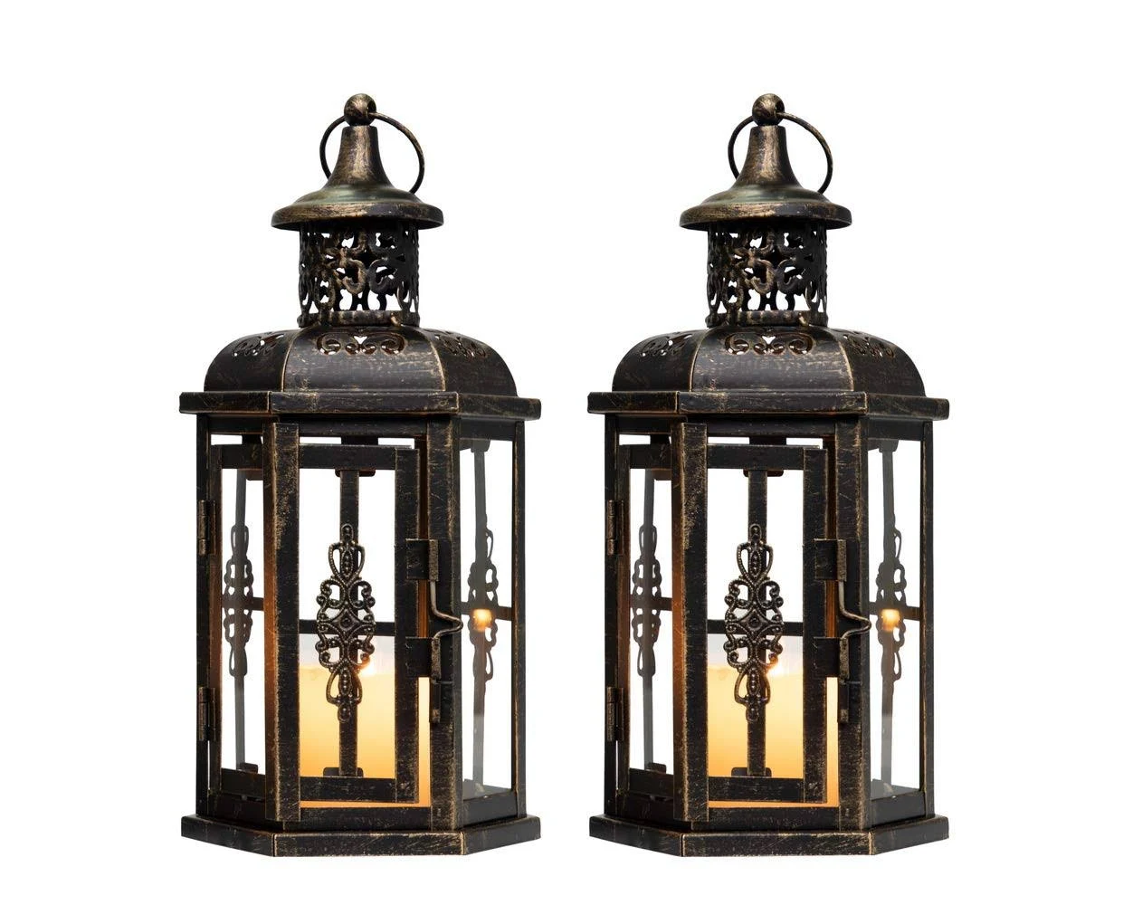 Set of 2 Decorative Lanterns -10 inch High Vintage Style Hanging Lantern Meta...