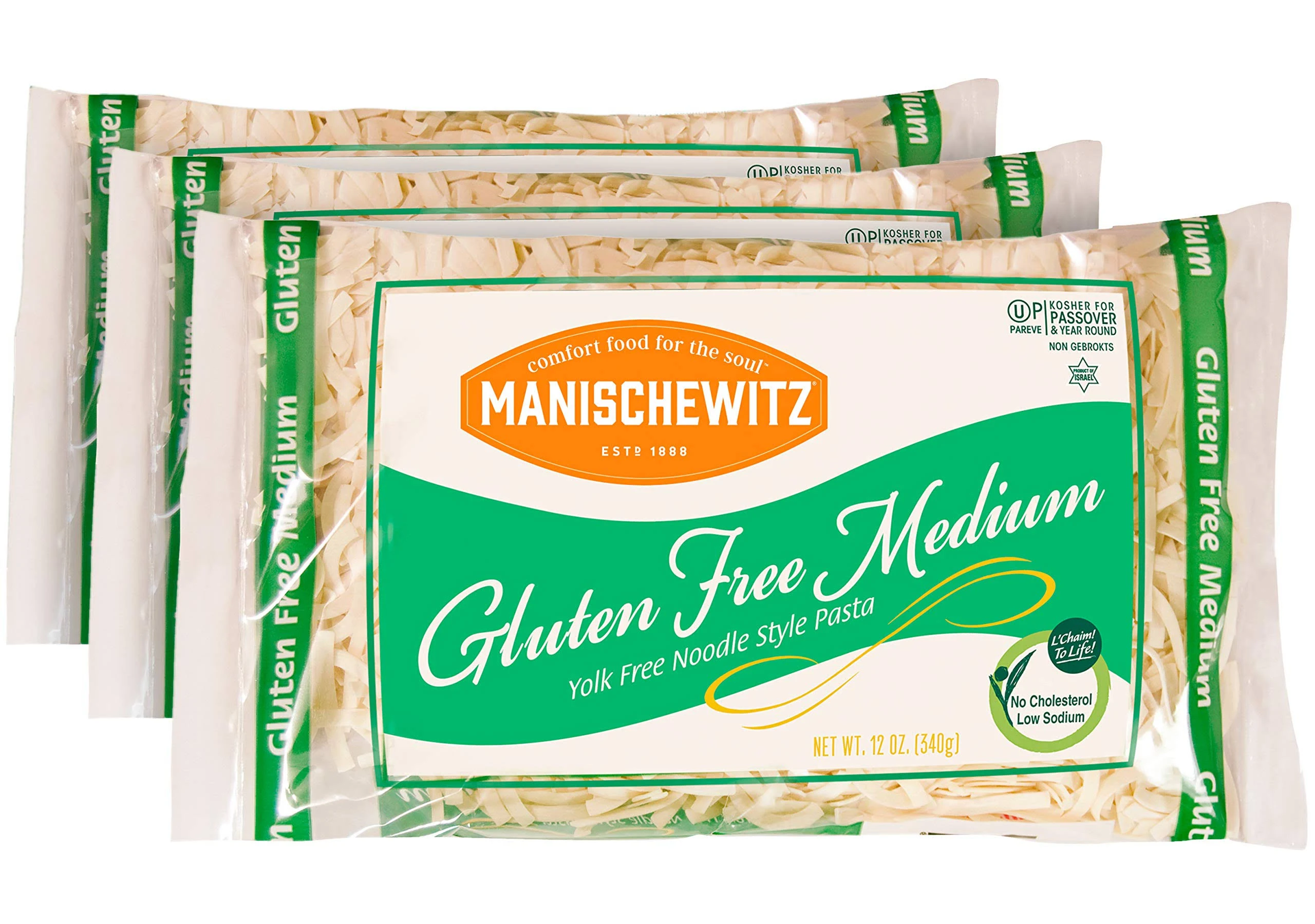 Manishewitz Gluten Free Medium Noodles 12oz (3 Pack) All Natural, Yolk Free, Low Sodium, Kosher for Passover and Year Round