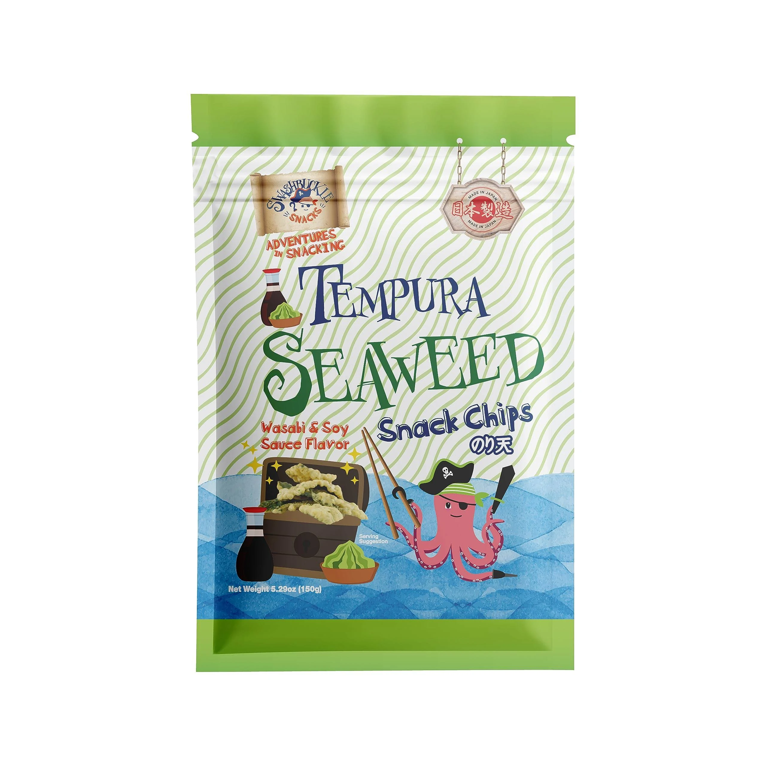 Swashbuckle Snacks Crispy Tempura Seaweed Snack Chips Wasabi and Soy Sauce Flavor 5.29oz (150g), Made in Japan, Otsumami