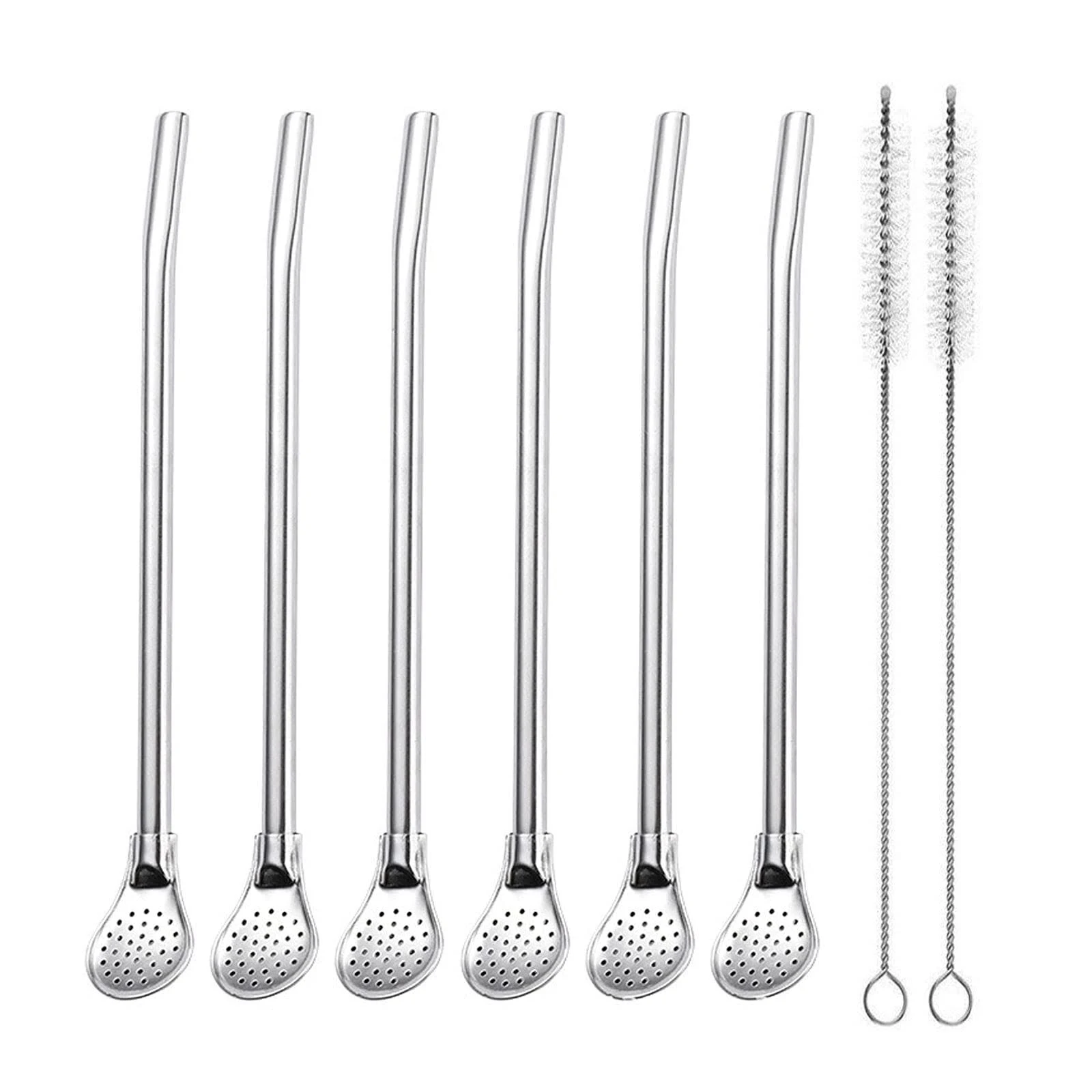 Reusable Stainless Steel Drinking Straws with Filter Spoon 6 Pieces Yerba Mate Tea Bombilla Drinking Straws with 2 Pieces Cleaning Brushes Set, 7.1inch Long