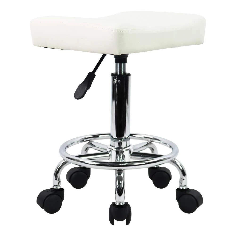  Square Rolling Stool PU Leather Height Adjustable Swivel Massage SPA White