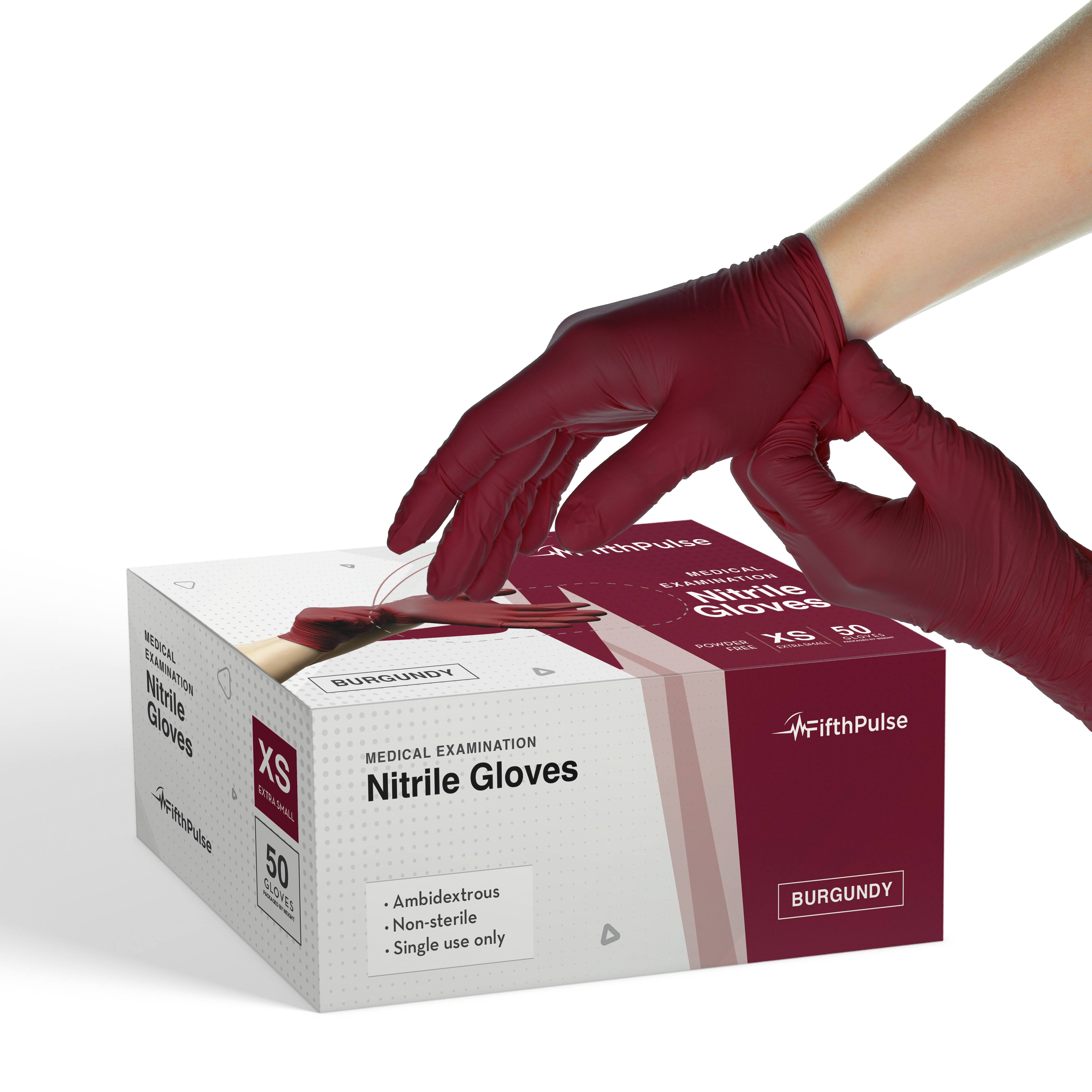 FifthPulse Nitrile Exam Latex Free & Powder Free Gloves, Burgundy, 50/BX, Small