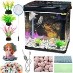 Glass Fish Tank 2.3 Gallon Aquarium Starter Kit Small Betta Fish Tank Desktop Mini Fish Bowl for Shrimp Small Fish with Pump LED Light Simulated Water Plants and Filtering Materials (Black)