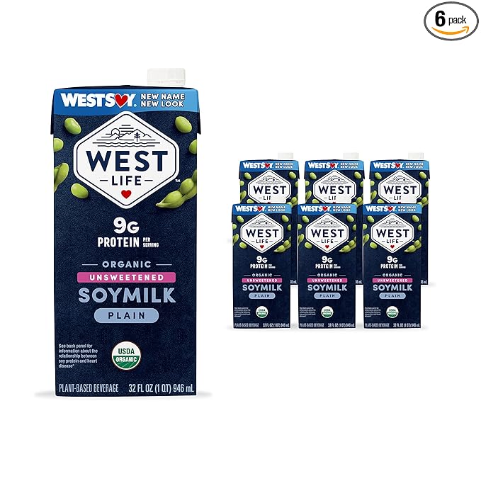 West Life Organic Soy Milk, Unsweetened Plain, Low Sugar, 9g of Protein, Vegan Dairy Alternative, Lactose-Free, Shelf Stable, 32oz (Pack of 12)