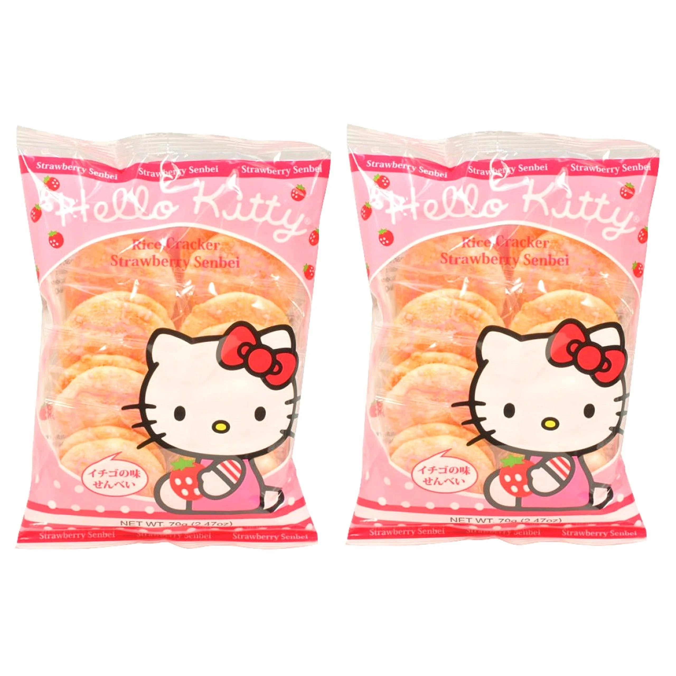 Kali Dreams Hello Kitty Strawberry Rice Crackers Snacks, Cracker, Cookies, Great Snacks on the go, for adults, Children, Party Favors, Birthday Gifts and School. (HK Cracker Senbei, Pack of 2)