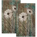 Gzhjmy Rustic Barn Sunflower Wooden Hand Towel 15x30 Set of 2, Fall Daisy Flower Teal Turquoise Brown Plank Fingertip Towel Retro Board Face Towel Country