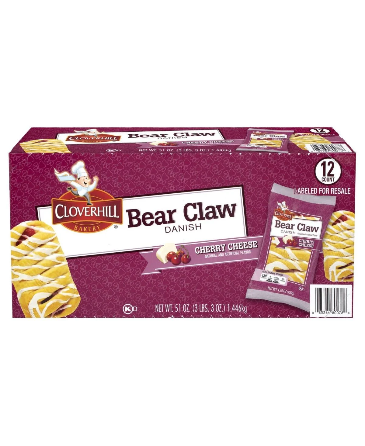 Cloverhill Cherry Cheese Bear Claw, 4.25 oz, 12/Pack