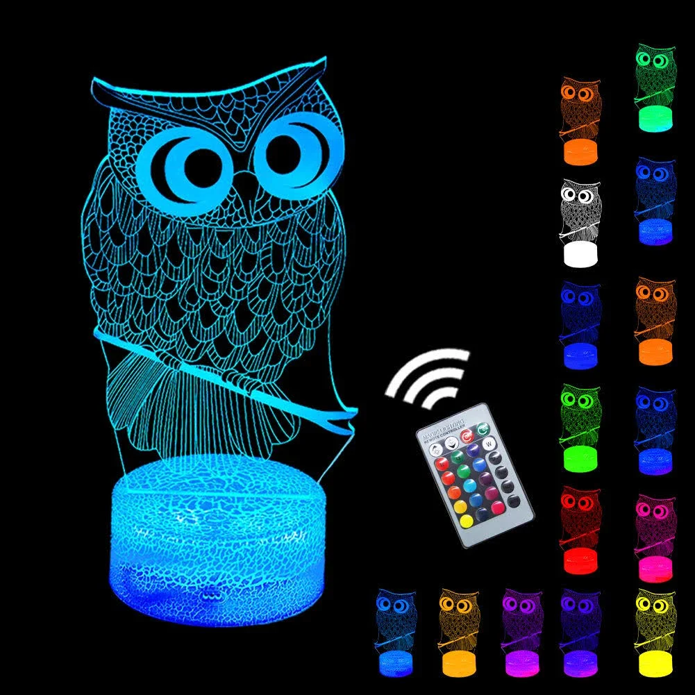 Lucky Owl Night Light for Kids, 3D Optical Illusion Night Lamp with Remote Control & 16 Color Changing Desk Table Lamp, Kids Room Bedroom Decor Gift for Baby Boys Girls Teen in Xmas Birthday Party