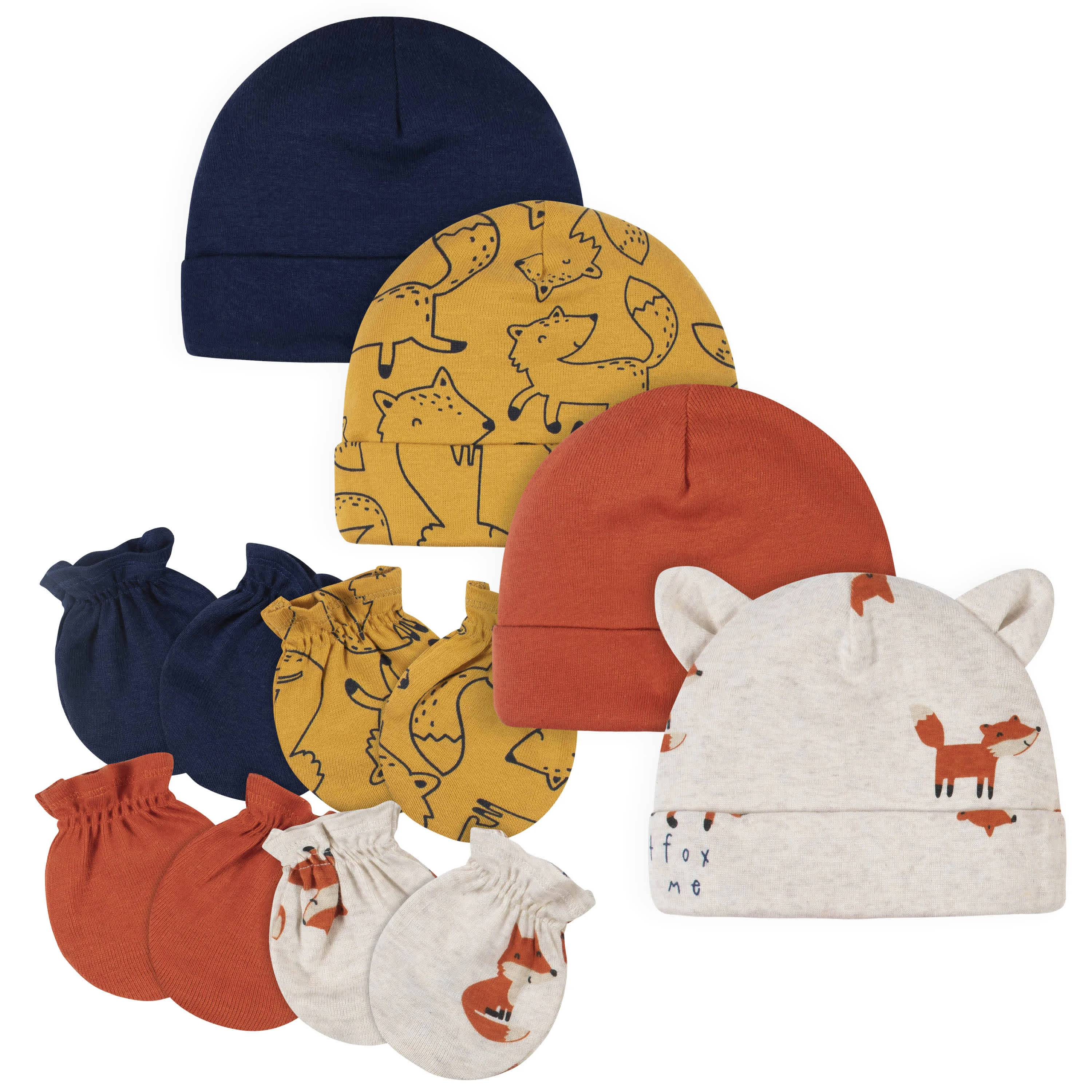 Gerber 8 Piece Baby Boys Cap and Mitten Set, Blue Fox, Newborn